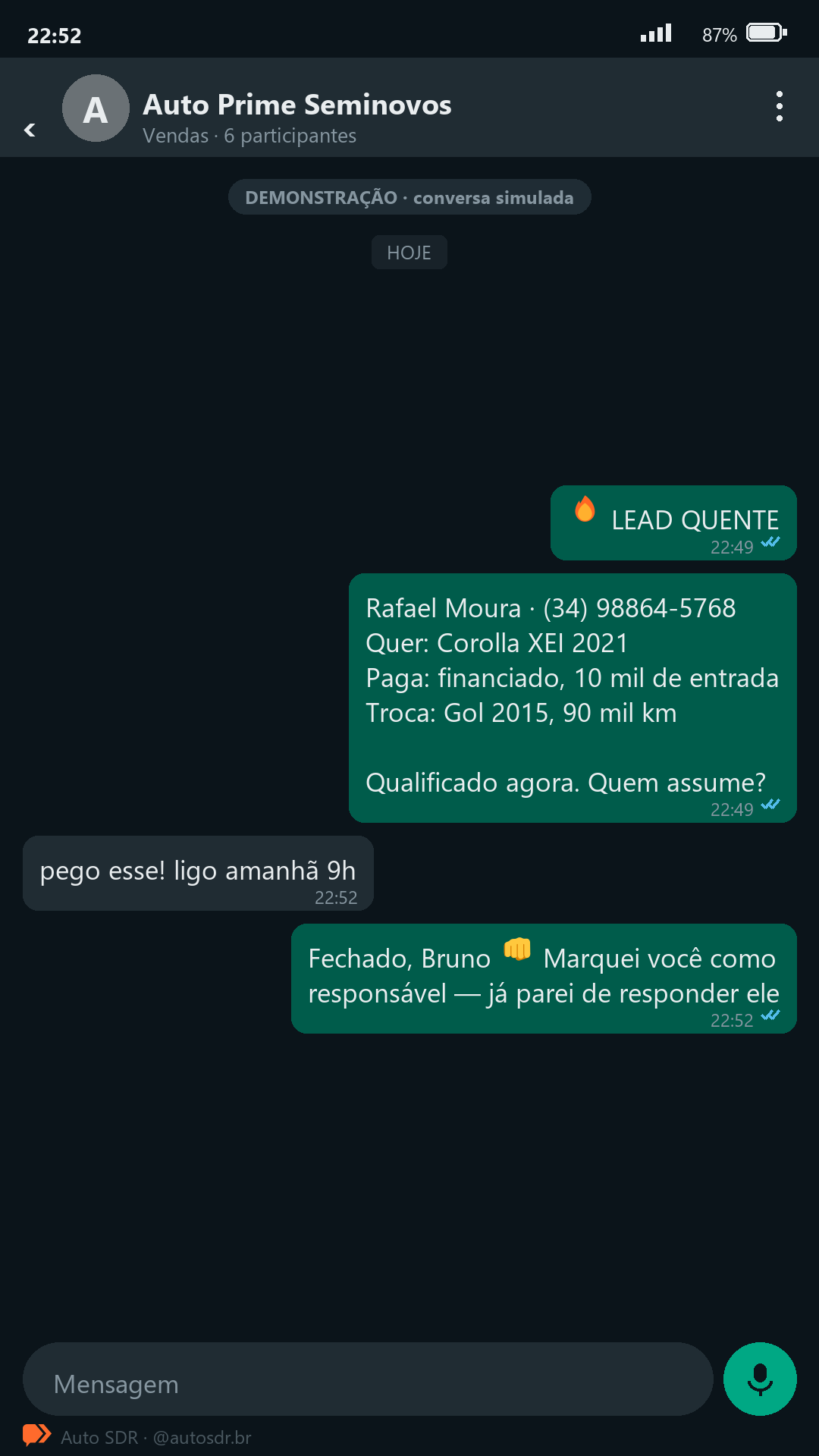 Notificação de lead quente no grupo de vendas da loja