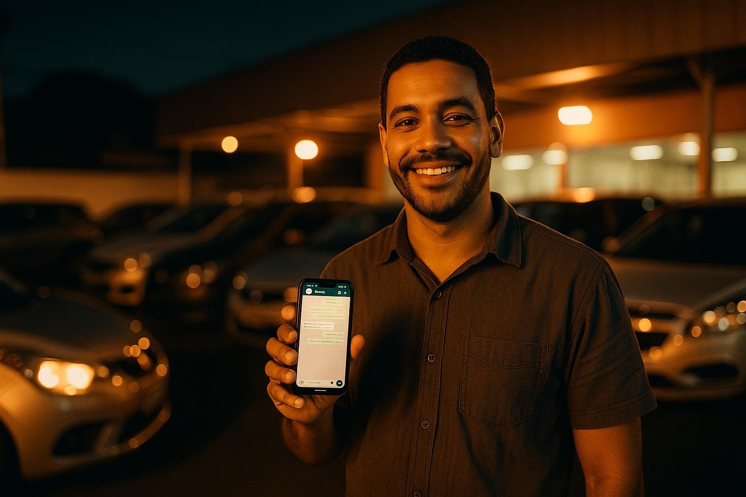 Pátio de revenda de veículos iluminado à noite